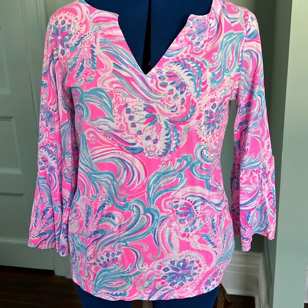 Lilly Pulitzer Sz L Pink and Blue Tunic Blouse with bell sleeves  VGUC